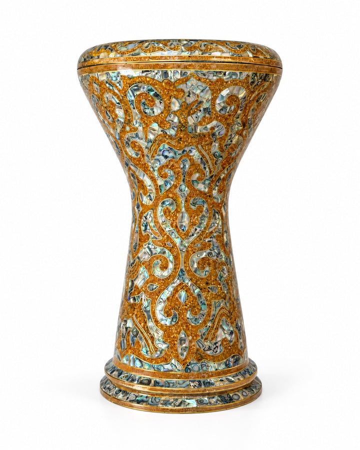Sala Golden Arabesque professional Sombaty darbuka with gold-toned arabesque scrollwork and shimmering mosaic details.