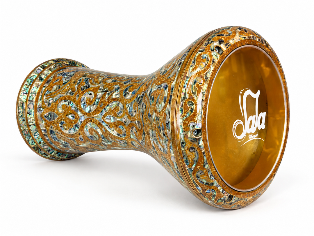 Sala Golden Arabesque professional Sombaty darbuka with gold-toned arabesque scrollwork and shimmering mosaic details.