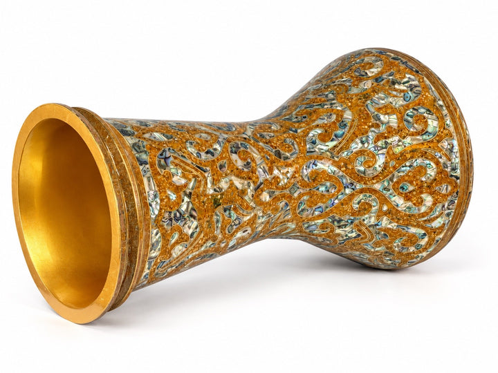 Sala Golden Arabesque professional Sombaty darbuka with gold-toned arabesque scrollwork and shimmering mosaic details.
