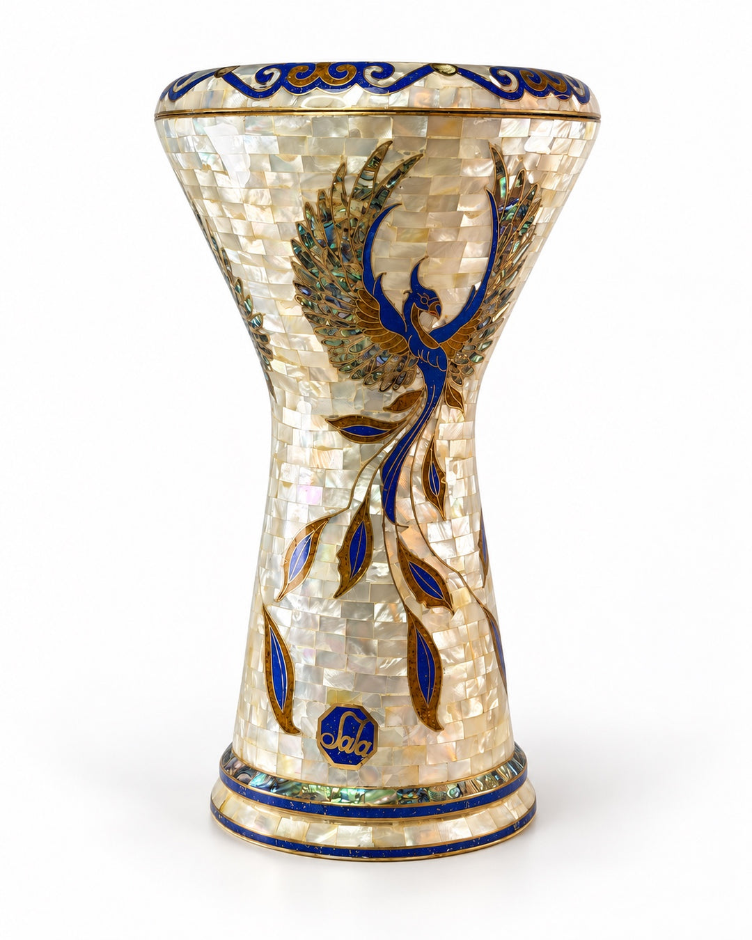 Sala Phoenix Pearl Sombaty darbuka standing upright, showing a sweeping blue-and-gold bird motif on pale mosaic.